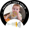 A baby happily eating, sitting on a chair with an anti-choking rescue suction device for a safe mealtime.