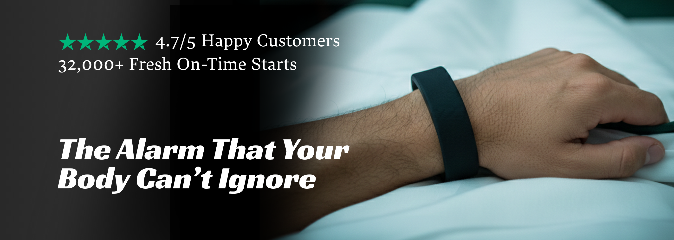 Hand wearing a smartwatch with promotional text about customer satisfaction and product features.
