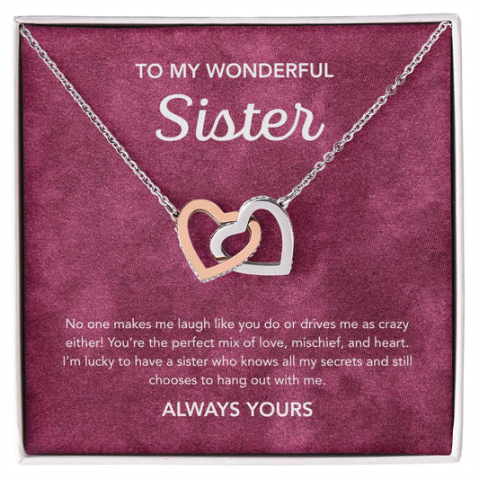 To my Sister - Interlocking Hearts Necklace - Velvet Pattern