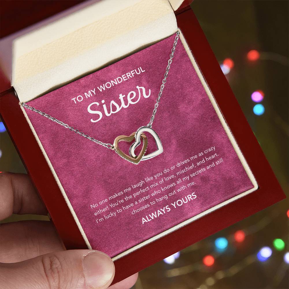 To my Sister - Interlocking Hearts Necklace - Velvet Pattern