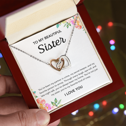 To my Sister - Interlocking Hearts Necklace - Flowers