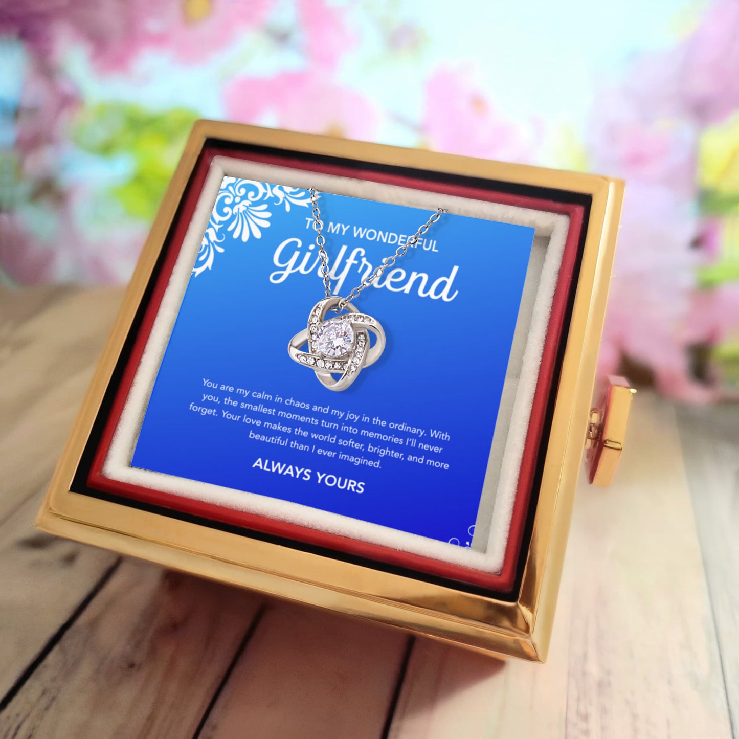 To My Girlfriend - Love Knot Necklace - Flourish - Rotating Rose Gift Box