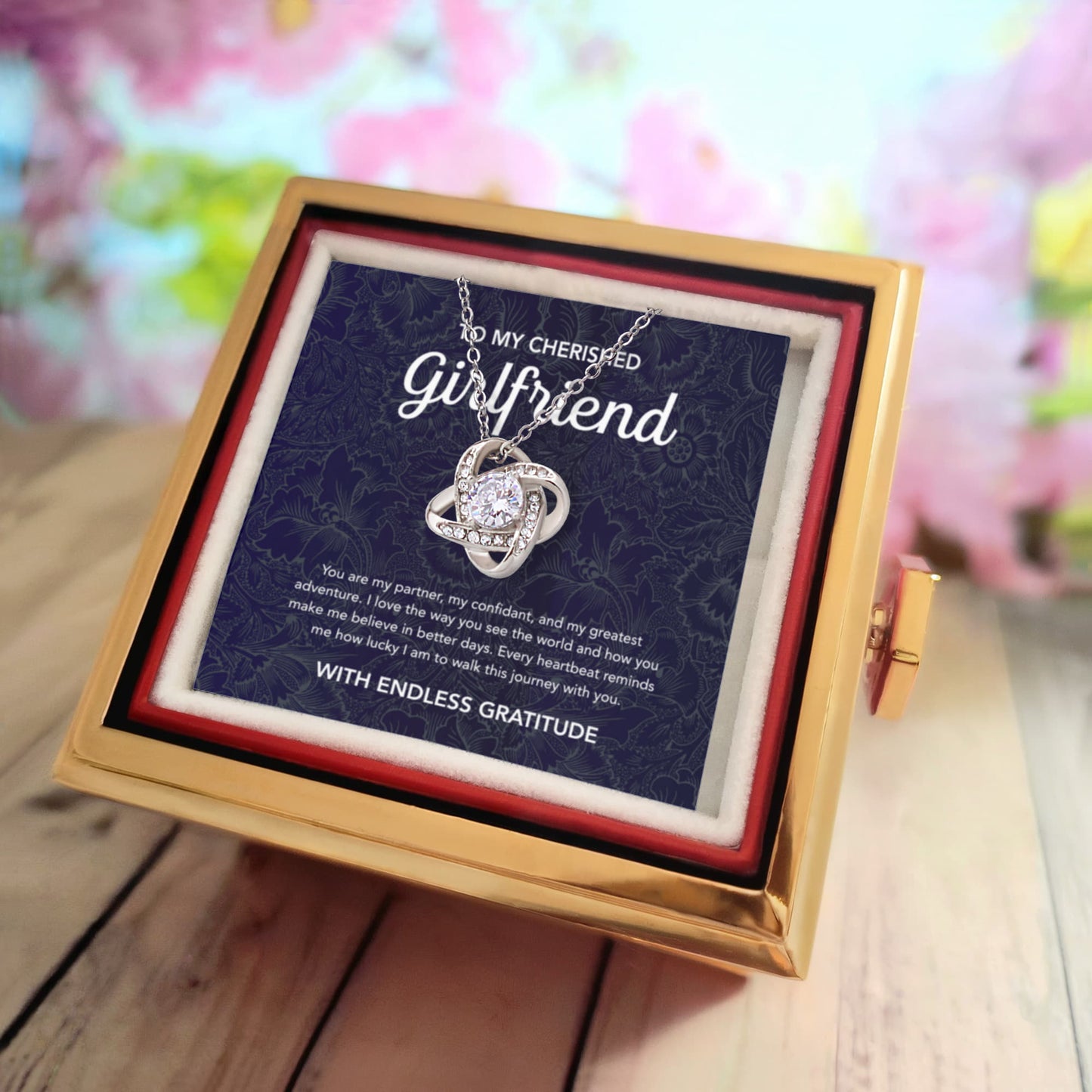 To My Girlfriend - Love Knot Necklace - Damsak - Rotating Rose Gift Box