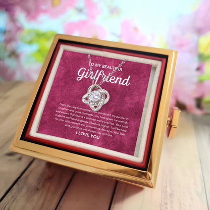 To My Girlfriend - Love Knot Necklace - Velvet Pattern - Rotating Rose Gift Box