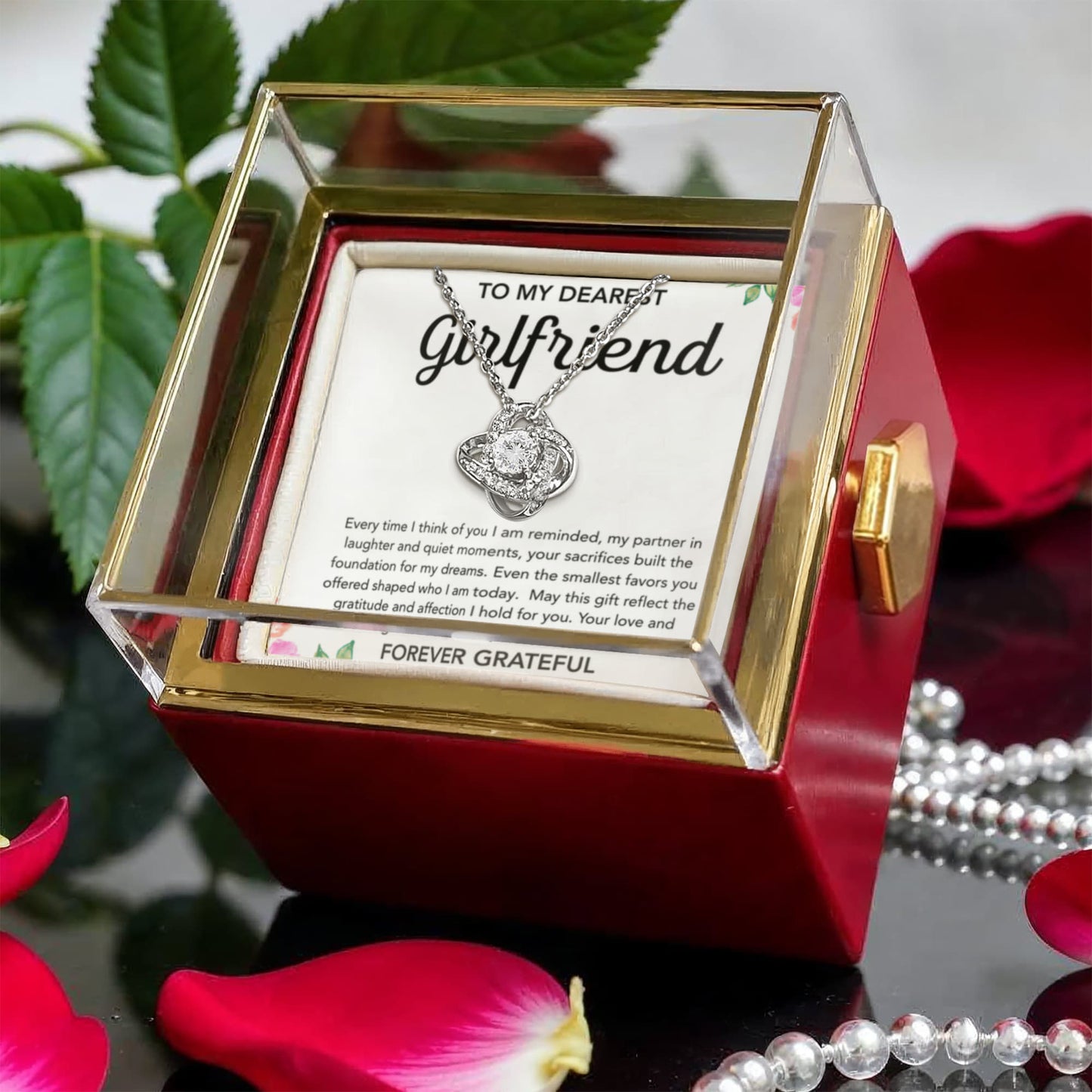 To My Girlfriend - Love Knot Necklace - Flowers - Rotating Rose Gift Box