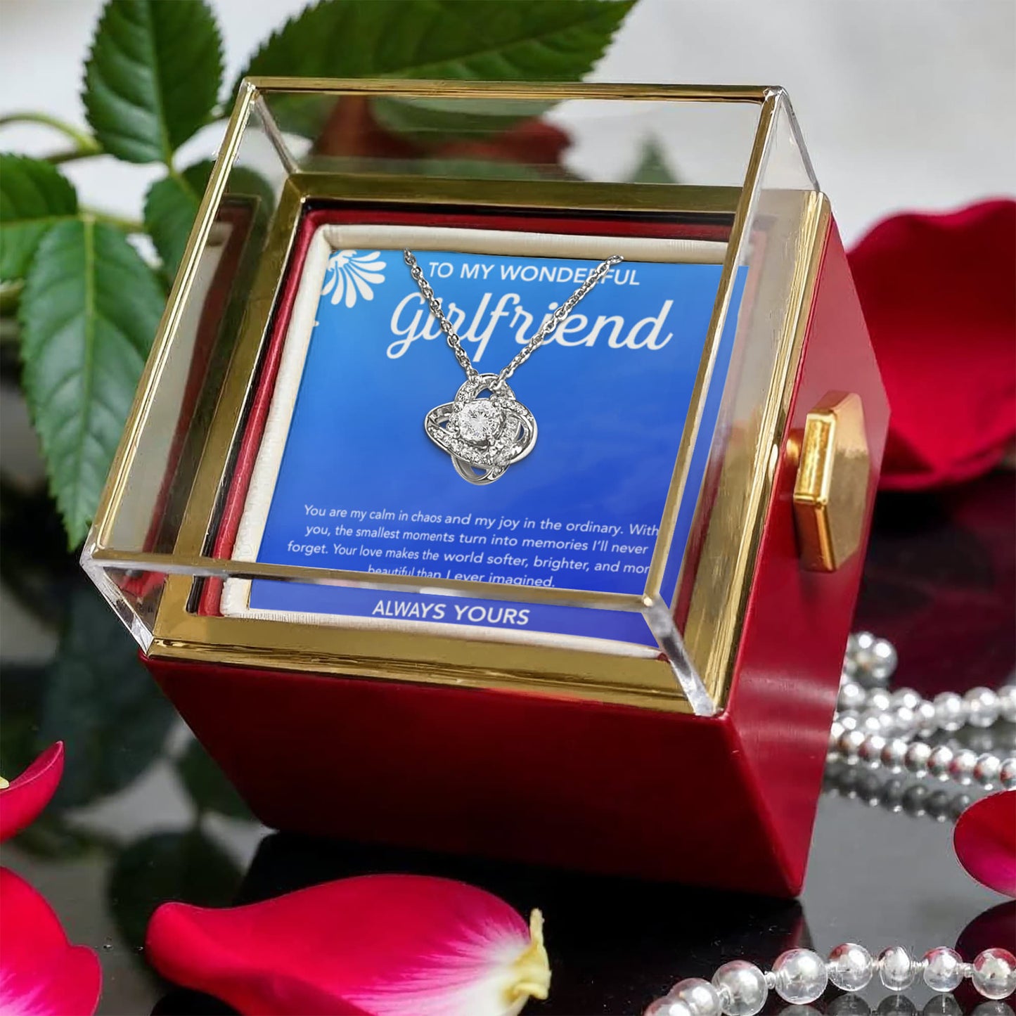 To My Girlfriend - Love Knot Necklace - Flourish - Rotating Rose Gift Box
