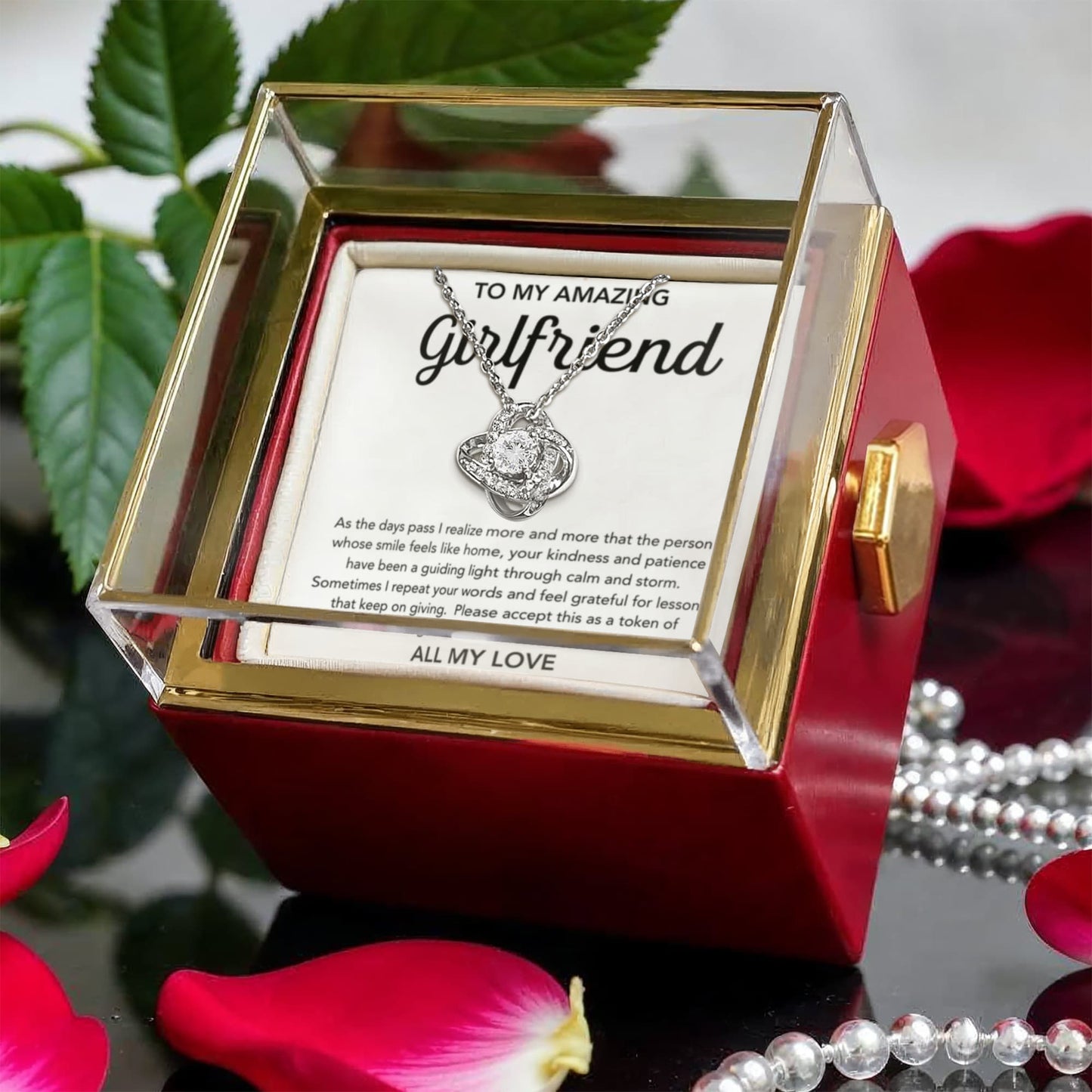 To My Girlfriend - Love Knot Necklace - Flowers - Rotating Rose Gift Box