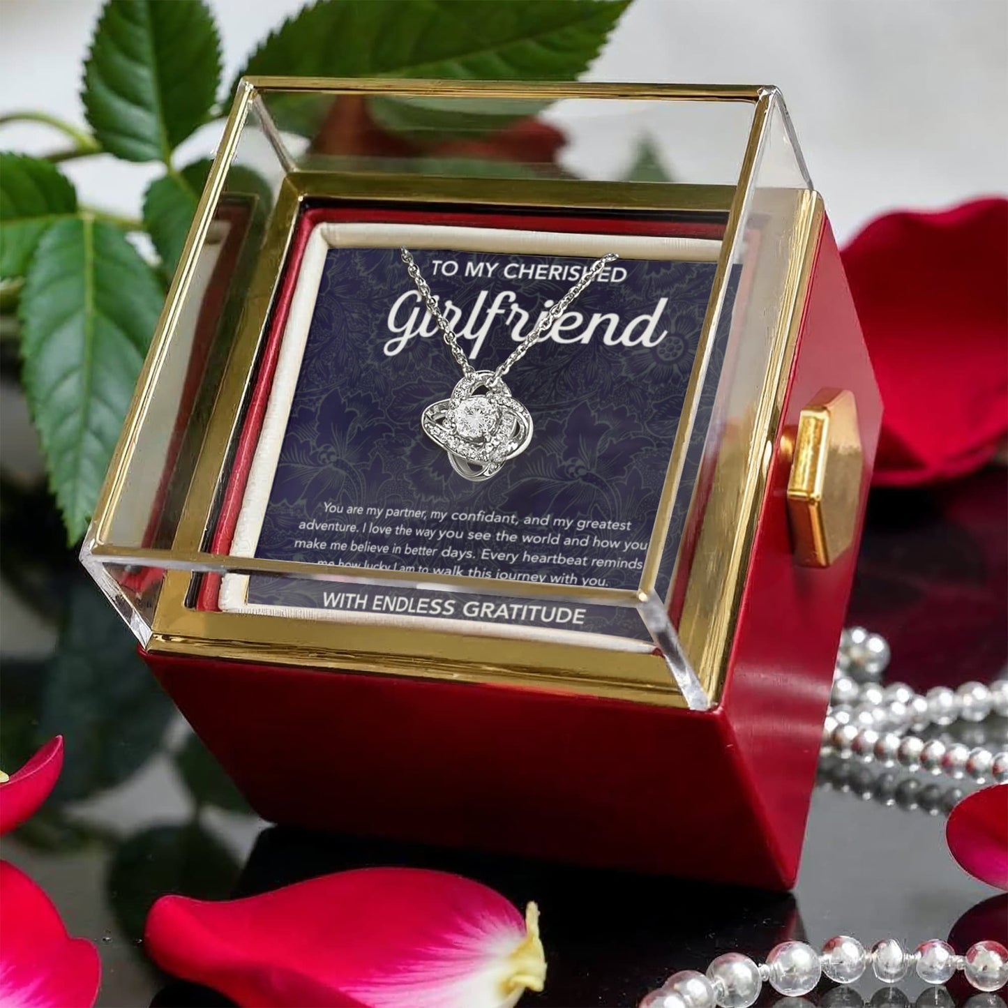 To My Girlfriend - Love Knot Necklace - Damsak - Rotating Rose Gift Box