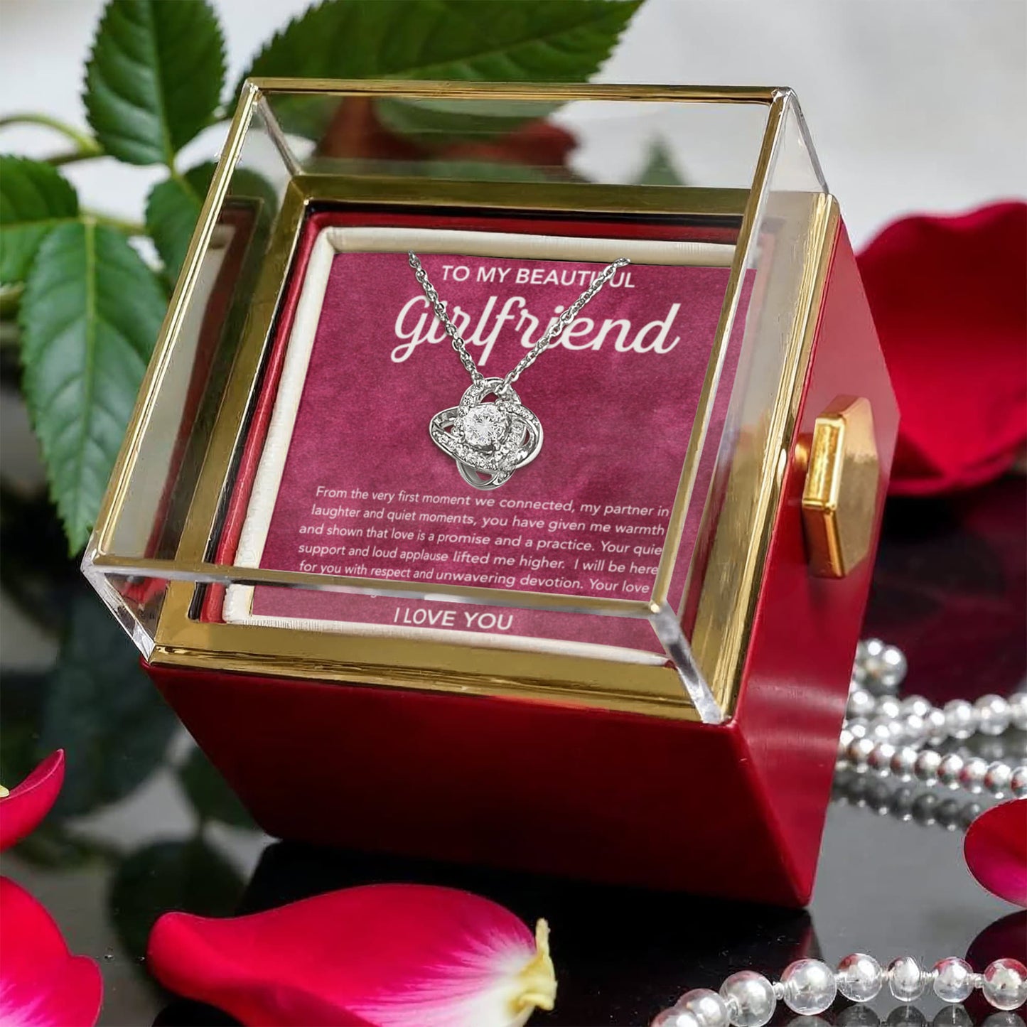 To My Girlfriend - Love Knot Necklace - Velvet Pattern - Rotating Rose Gift Box