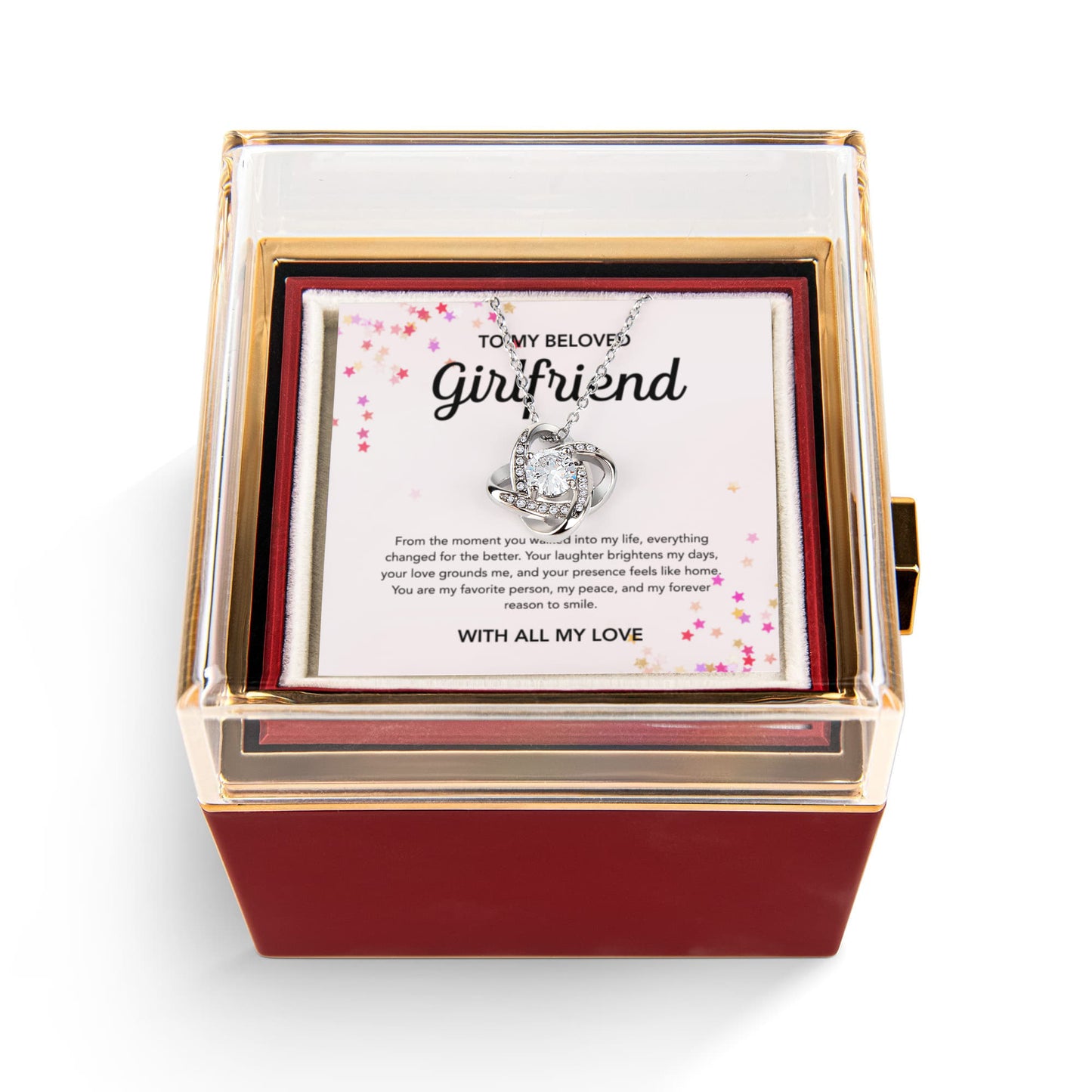 To My Girlfriend - Love Knot Necklace - Stars - Rotating Rose Gift Box