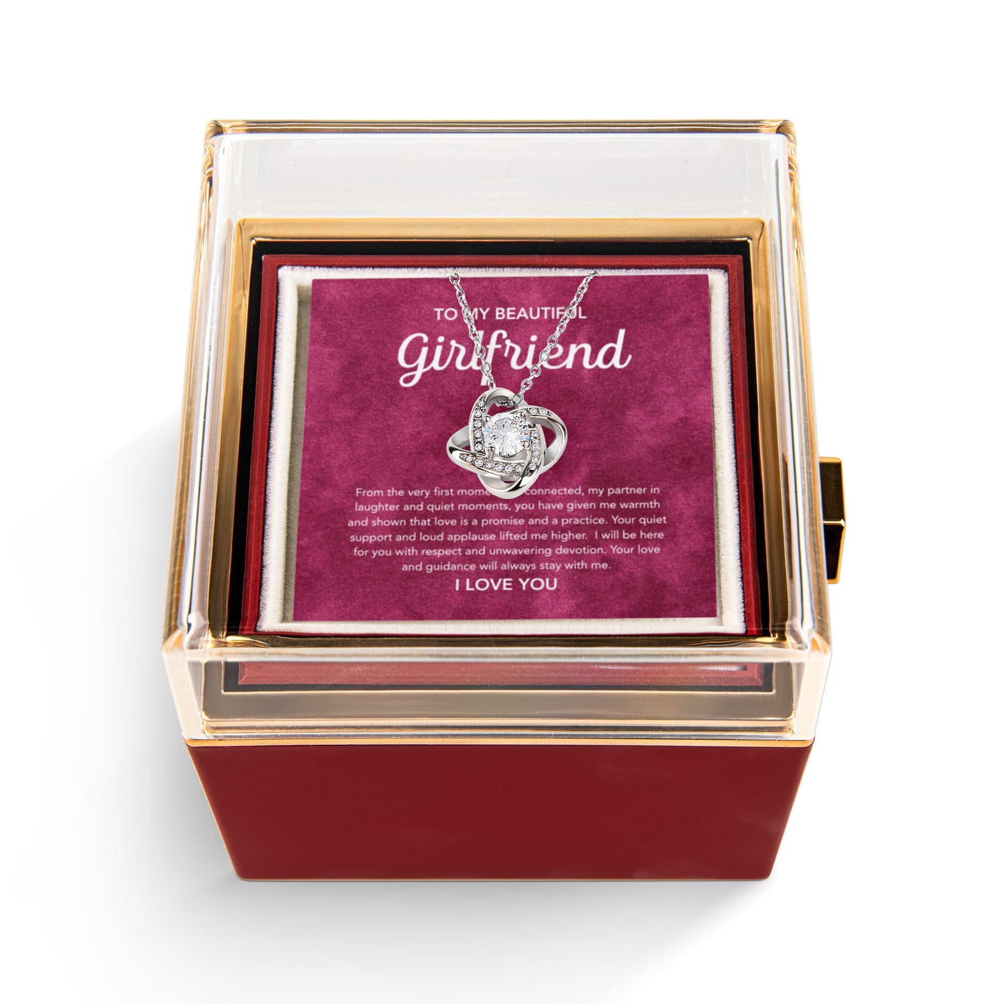 To My Girlfriend - Love Knot Necklace - Velvet Pattern - Rotating Rose Gift Box