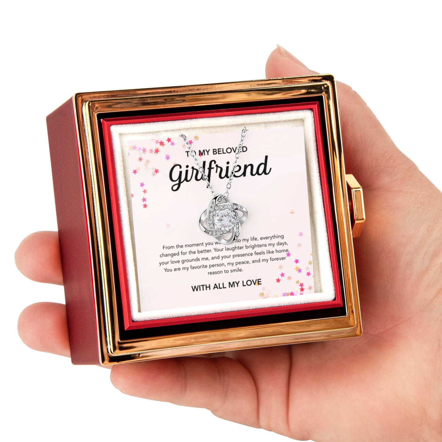 To My Girlfriend - Love Knot Necklace - Stars - Rotating Rose Gift Box