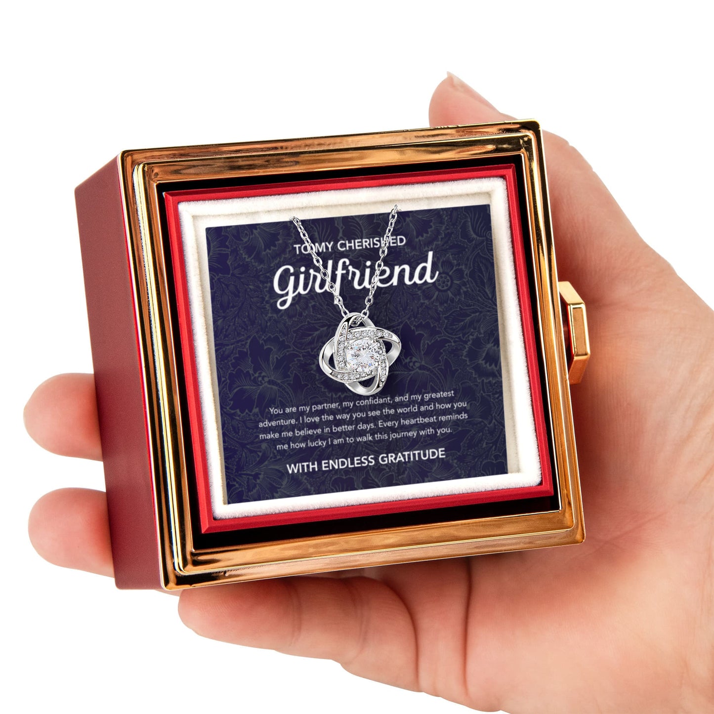 To My Girlfriend - Love Knot Necklace - Damsak - Rotating Rose Gift Box