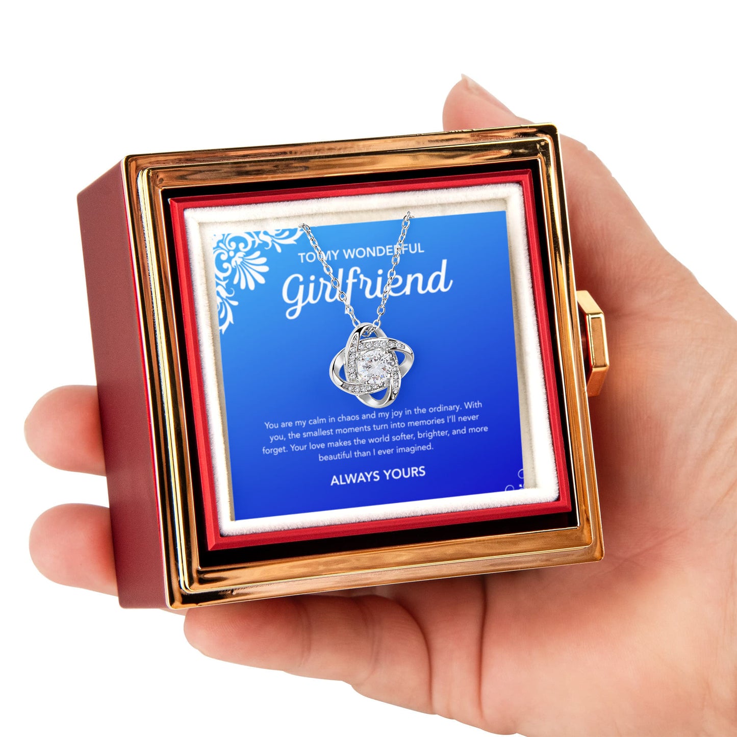 To My Girlfriend - Love Knot Necklace - Flourish - Rotating Rose Gift Box