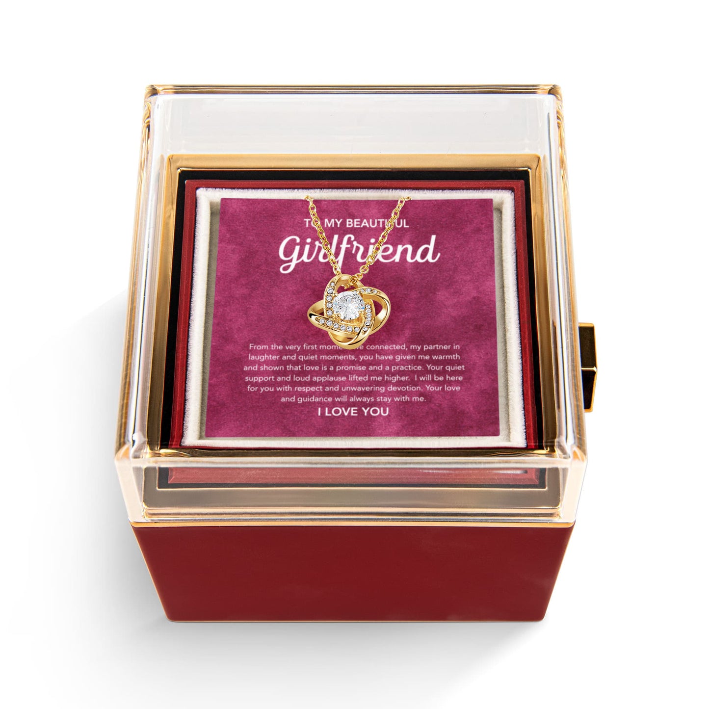 To My Girlfriend - Love Knot Necklace - Velvet Pattern - Rotating Rose Gift Box