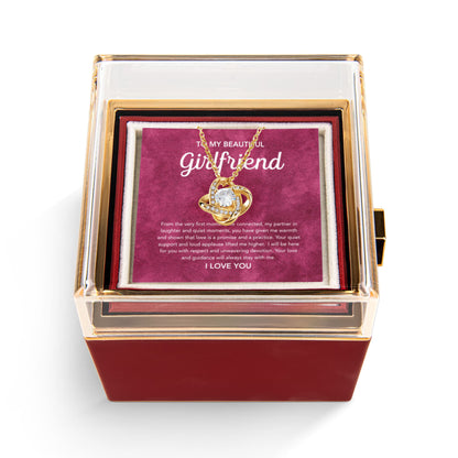 To My Girlfriend - Love Knot Necklace - Velvet Pattern - Rotating Rose Gift Box