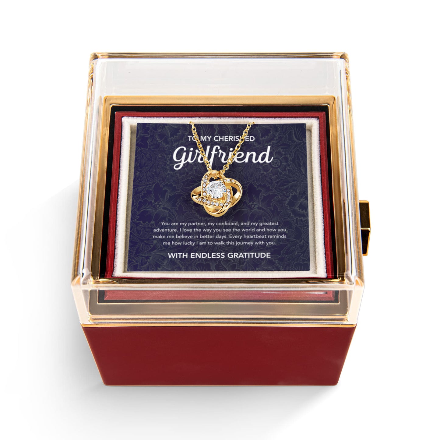 To My Girlfriend - Love Knot Necklace - Damsak - Rotating Rose Gift Box